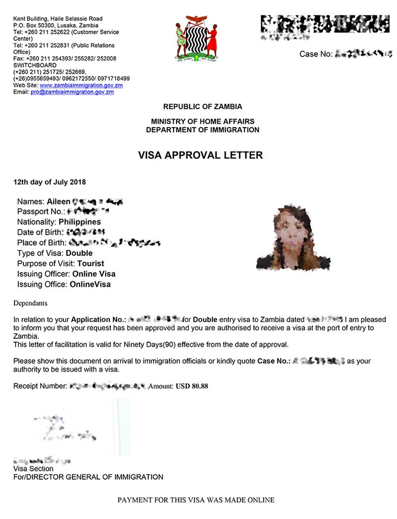 Sample Zambia Visa Approval Letter